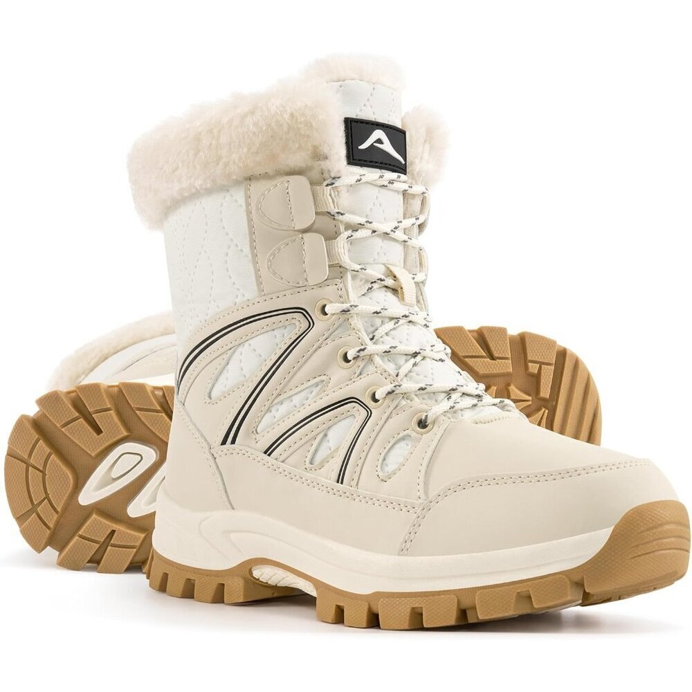 Women's White Warm Fur Lined Mid Calf Waterproof Non Slip Comfort Booties